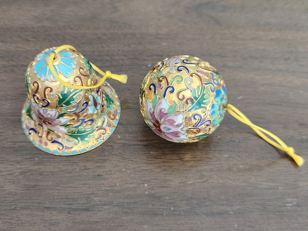Vtg Cloisonne Bell and Round Floral Christmas Ornaments set Gold Base Multi